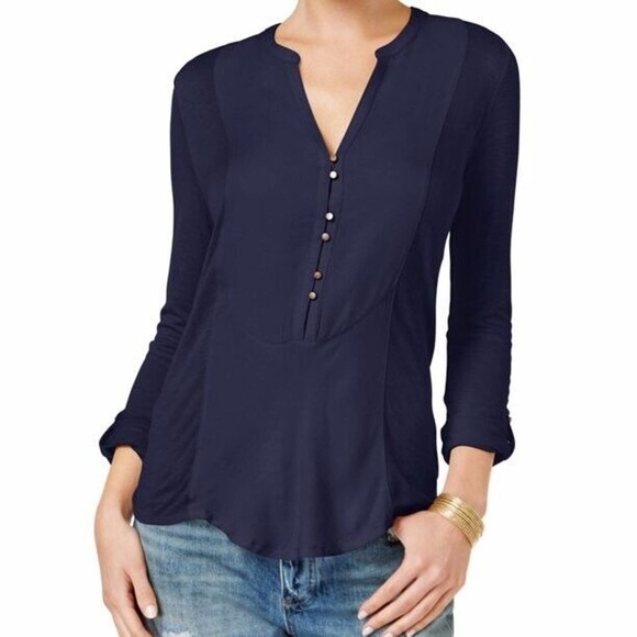 Lucky Brand | Roll Tab Sleeves Button Front Tunic Size L Blue Split V- Neck - Picture 1 of 9